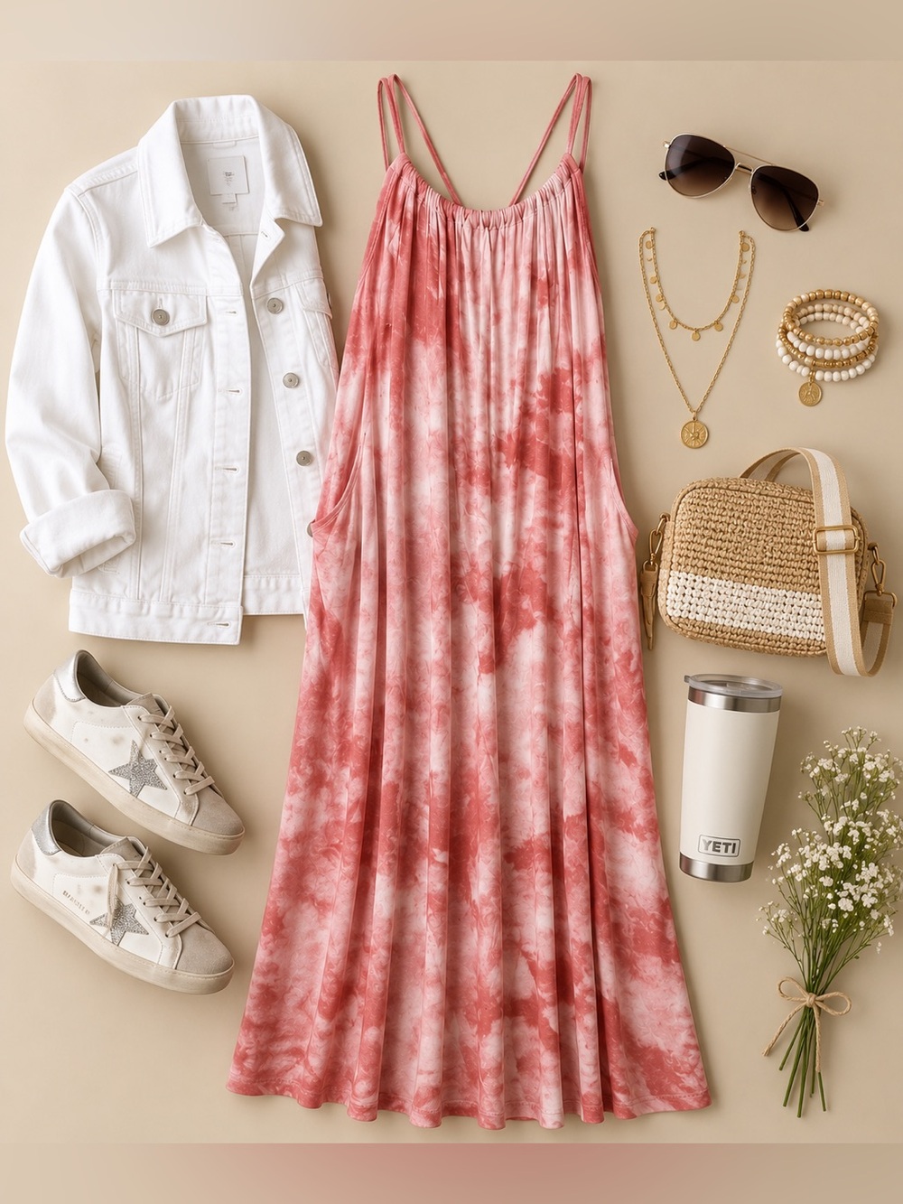 Maurices Pink Tie Dye Halter Maxi Dress Pockets 0X Plus Size